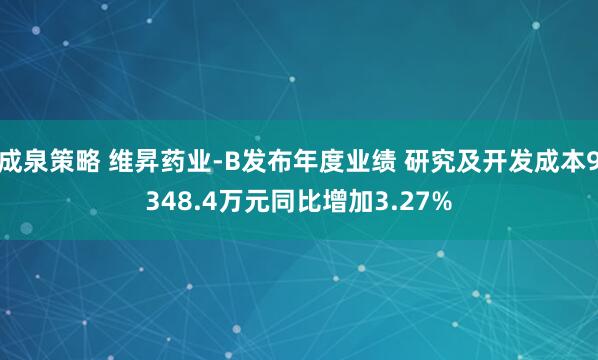 成泉策略 维昇药业-B发布年度业绩 研究及开发成本9348.4万元同比增加3.27%